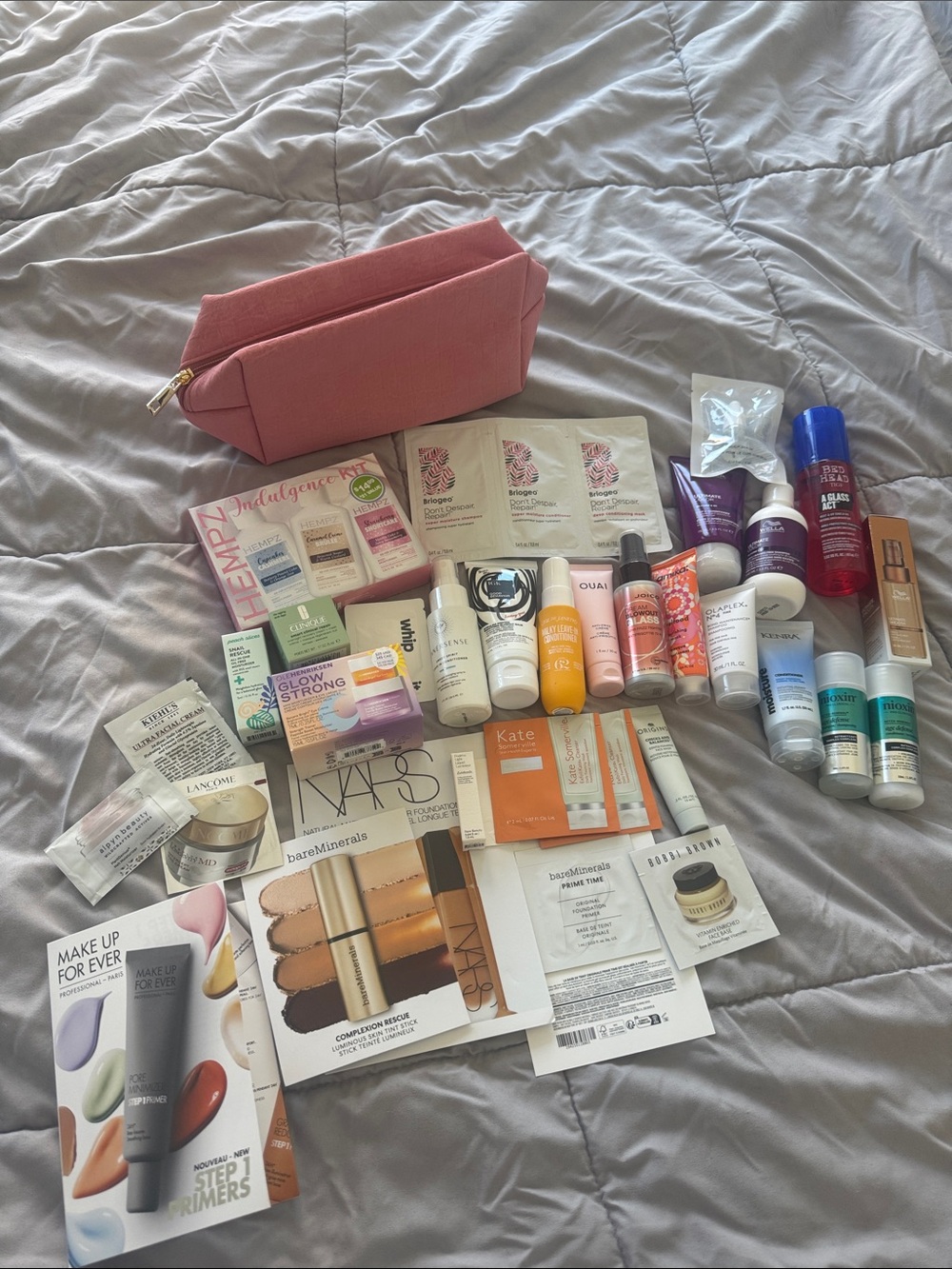 Hair, make up and skin care bundle with pink pouch